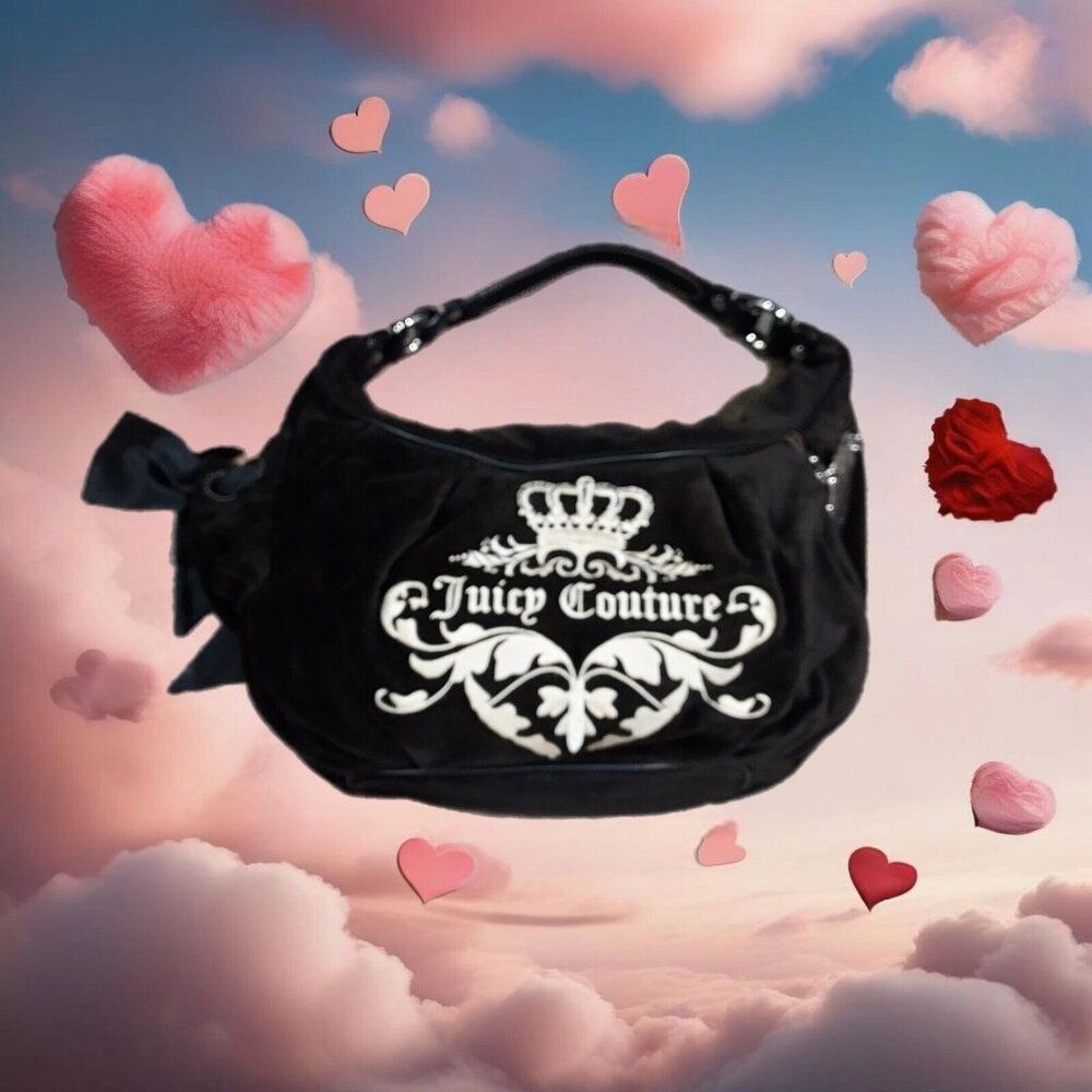 Juicy Couture Bag Y2K Velvet Black 2002 CA16396 (Royal Juicy) Baguette Embrodry - Picture 2 of 14